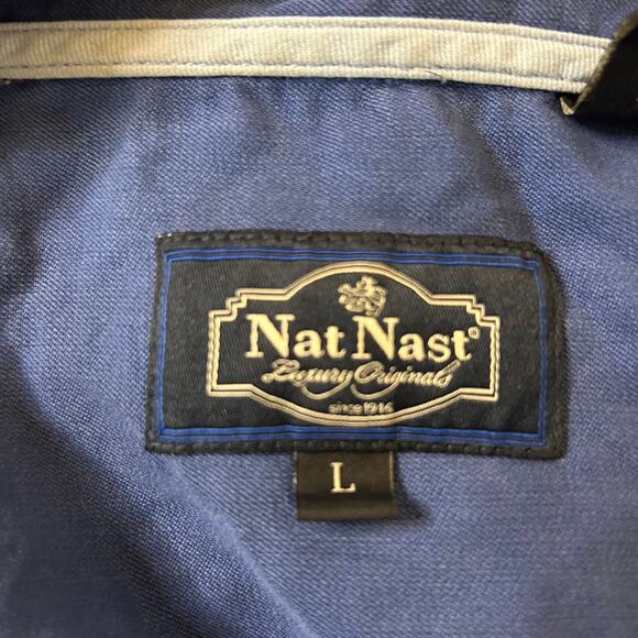 Nat Nast Blue White Silk Blend Hawaiian Shirt Size Large Button Up Palm Leaves - Picture 2 of 6